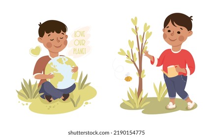 Little Boy with Globe on Green Grass and Watering Tree Sapling Caring About Nature and Planet Vector Set