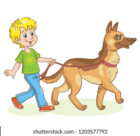 Little boy goes with a big dog German shepherd breed. In cartoon style. Isolated on white background. Vector illustration.