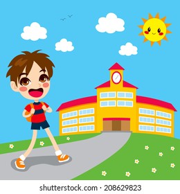 Little boy going happy back to school in the morning