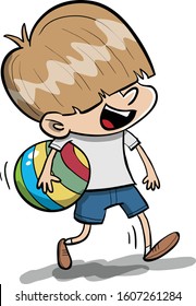 Little boy going to school with colored ball and big smile