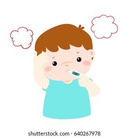 Little boy got high temperature vector cartoon illustration.