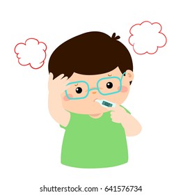 Little boy got high temperature vector cartoon illustration.