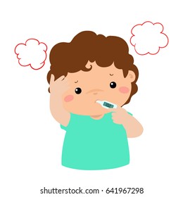 Little boy got high temperature vector cartoon illustration.