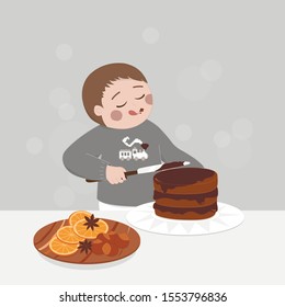 A little boy got his face dirty and a knitted sweater with a train of chocolate cream, prepared a cake for Christmas, standing next to a plate of oranges, hazelnuts and cinnamon on a white tablecloth.