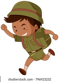 Little boy in green costume with backpack illustration