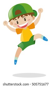 Little boy in green hat jumping illustration