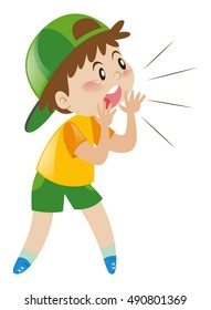 Little boy with green hat shouting illustration