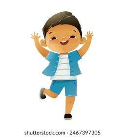 Little boy greeting, waving or playing, asian ethnicity kids character design. Happy cute child waving hello, playful children cartoon. Hand drawn vector character illustration in watercolor style.