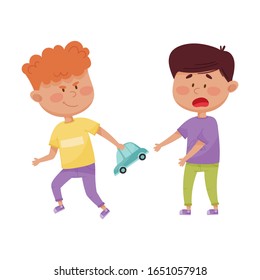 Little Boy with Grin on His Face Taking Away Toy Car from His Agemate Vector Illustration