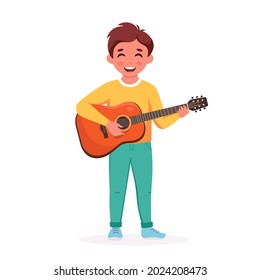 Kleiner Junge mit Gitarre. Junge spielt Gitarre. Kind, das Musikinstrument spielt. Vektorgrafik