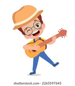 Little boy with guitar. Boy playing guitar. Child playing musical instrument