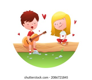 A little boy with a guitar sings for a little girl. Couple in love. Vector illustration in flat style. The first love.