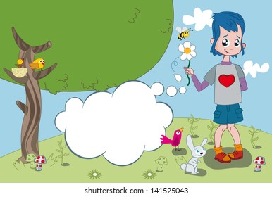 A little boy with a half hidden flower bouquet in his han doubted of whether to give it away. Around a landscape with cute animals like a bird, a bunny and a bee.