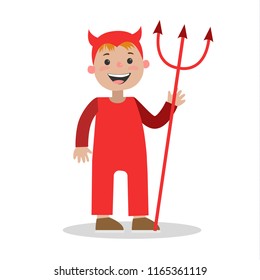 Little boy in halloween devil costume. Spooky monster outfit for party. Isolated vector flat illustration