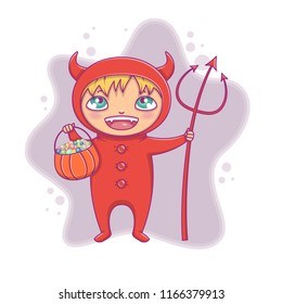 Little boy in halloween devil costume laughing. Cartoon vector Character for party, invitations, web, mascot.