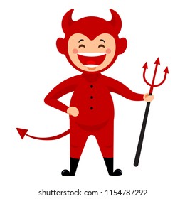 Little boy in halloween red devil costume. Vector illustration