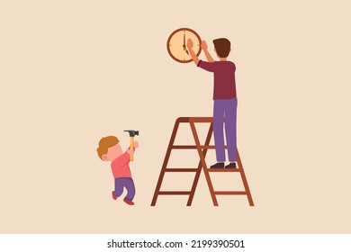 Little boy with hammer helps his father put up a clock at home. Concept of helping parents at home. Flat vector illustrations isolated.