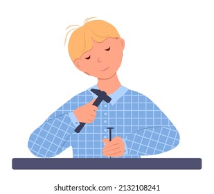 A little boy hammers a nail with a hammer. Carpenter. Handmade concept. Vector isolated flat illustration on a white background