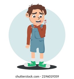 niño pequeño con la mano en la cara sintiendo dolor de muelas, niño con caries. Odontólogo pediátrico.