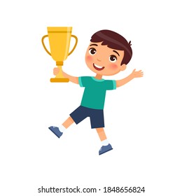 Little boy happily jumps with a golden cup in his hand. Victory concept. Cartoon character isolated on white background. Flat vector color illustration. 