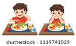 Little boy happy to eat breakfast and Unhappy to eat breakfast. Concept of Health and growing children.