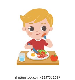 A Little boy happy to eat breakfast in the morning. Concept of Health and growing children.