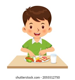 Little boy happy to eating breakfast. Vector illustration