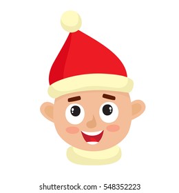 Little boy happy face expression, set of cartoon vector illustrations isolated on white background. Happy kid in santa hat emotion face icons, facial expressions.