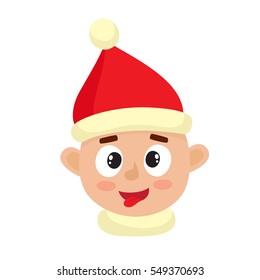 Little boy happy face expression, set of cartoon vector illustrations isolated on white background. Happy kid in santa hat emotion face icons, facial expressions.