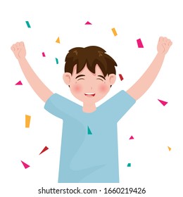 Little boy happy joyful and winner isolated on background. Vector illustration in cartoon character flat style.