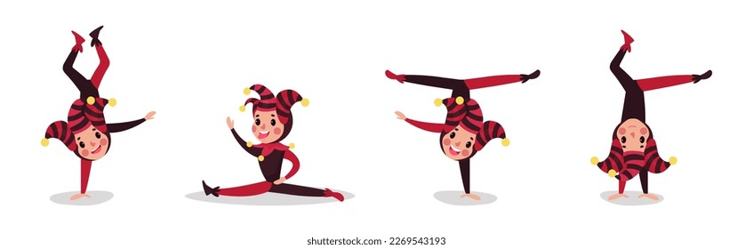 Little Boy in Harlequin or Clown Hat with Jingle Bells Jumping and Somersaulting Vector Set