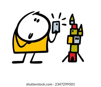 Little boy has built a pyramid of toy cubes and is photographing it on his smartphone. Vector illustration of a child photographing his creation for social networks. Doodle person isolated on white. 
