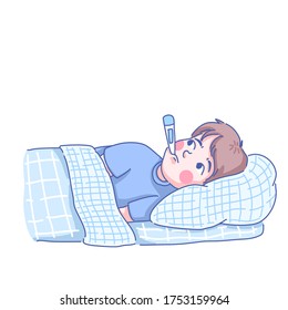 Little boy has sick. He is sleeping on the bed. Cartoon character design of vector. Doodle illustration style.