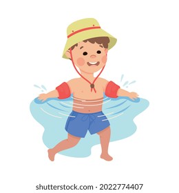 Little Boy in Hat Swimming with Inflatable Armband Vector Illustration