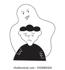 Un niño pequeño tiene un ataque de pánico. Ilustración del vector de contorno sobre fondo blanco.