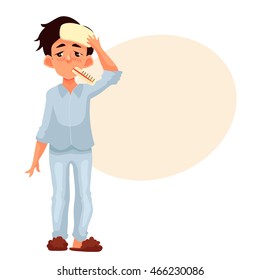 Little Boy Having A Cold With Thermometer In His Mouth, Cartoon Style Vector Illustration Isolated On White Background. Blond Haired Boy Pressing Compress To His Forehead, Winter Flu Season