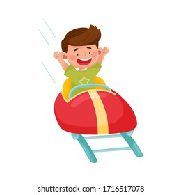 Little Boy Having Fairground Ride Raising His Hands Up and Laughing Vector Illustration