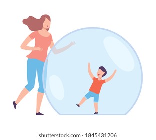 Little Boy Having Fun Inside Transparent Protective Bubble, Mom Trying to Reach Him Flat Style Vector Illustration