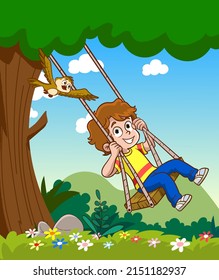 Little boy having fun on swing outdoors in beautiful summer garden on warm and sunny day. Active summer fun for kids.vector illustration