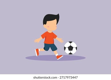 Garotinho está se divertindo jogando futebol. Crianças jogando brinquedos Conceito. Ilustração vetorial plana colorida isolada