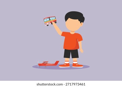 O garotinho está se divertindo brincando com um carro de brinquedo. Crianças jogando brinquedos Conceito. Ilustração vetorial plana colorida isolada