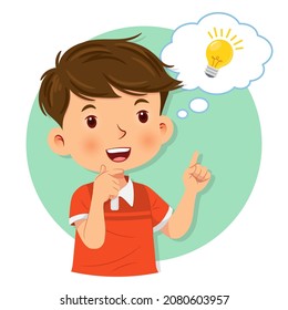 Little boy having good idea. A bubble with idea lamp sign. Isolated on white background. Vector illustration