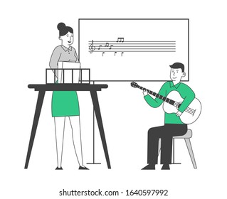 Little Boy Having Lesson in Music School. Student Playing Guitar with Assistance of Tutor Standing near Blackboard with Notes. Guitarist Musical Education. Cartoon Flat Vector Illustration, Line Art