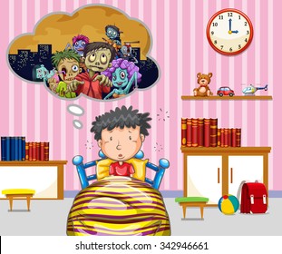 Little boy having nightmare illustration