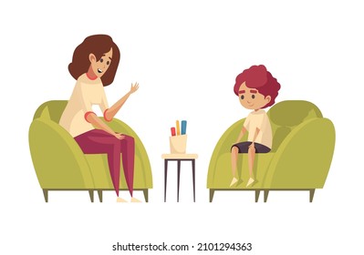 Little boy having psychological therapy session with female psychologist flat isolated vector illustration