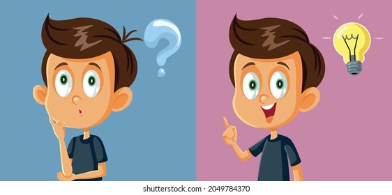 Little Boy Having a Question Finding the Answer Vector Cartoon. Funny brilliant student finding the solution to a school problem 
