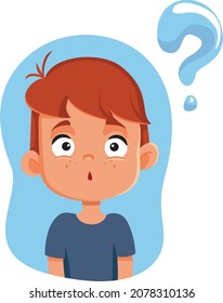 
Niño Pequeño Con Preguntas De Caricatura Vectorial. Estudiantes pensando en resolver un problema en una prueba de preguntas
