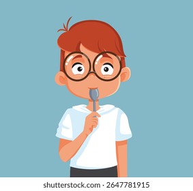 
Little Boy tendo uma colherada de design de vetor de sobremesa. Desejando criança comendo algo bom e delicioso