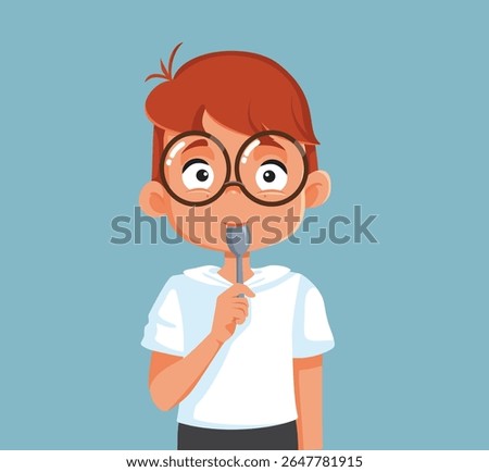
Little Boy having a Spoonful of Dessert Vector Cartoon Design. Craving kid eating something good and delicious