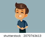 Little Boy Having Terrible Stomachache Pain Vector Cartoon. Child suffering bellyache from constipation or indigestion health problem 
